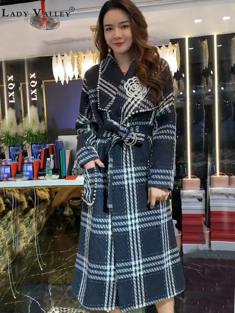 Тяжелое ремесло лацкан Жемчужное Украшение модная Клетчатая Шерстяная Куртка