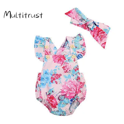 

Multitrust Newest Fashion Newborn Baby Girl Clothes Flower Print Sleeveless Bodysuit Jumpsuit Headband 2Pcs Outfits Clothes