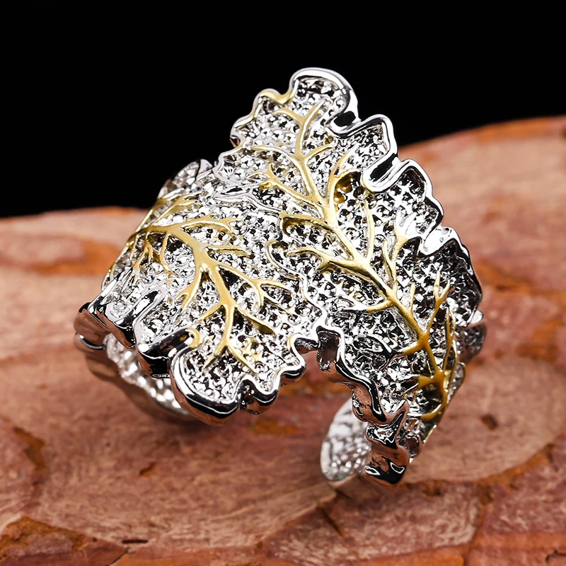 Винтажные открытые кольца с большими листьями для женщин старинные золотистые