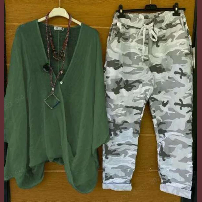 

Drawstring Pants Suit Autumn Batwing Sleeve Outfits and Camouflage Print Cotton Linen Women Sets Spring Deep V Neck Button Shir
