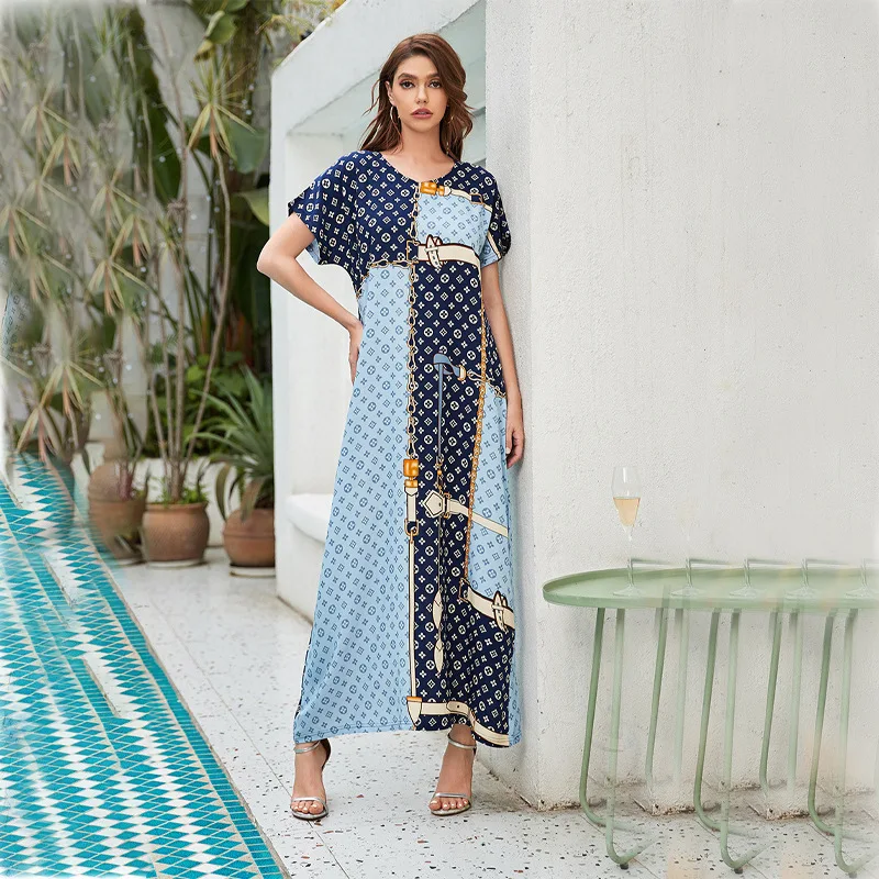 

Новинка лета 2021, женское платье с принтом в европейском и американском стиле, мусульманское свободное платье Ближнего Востока, одежда в тур...