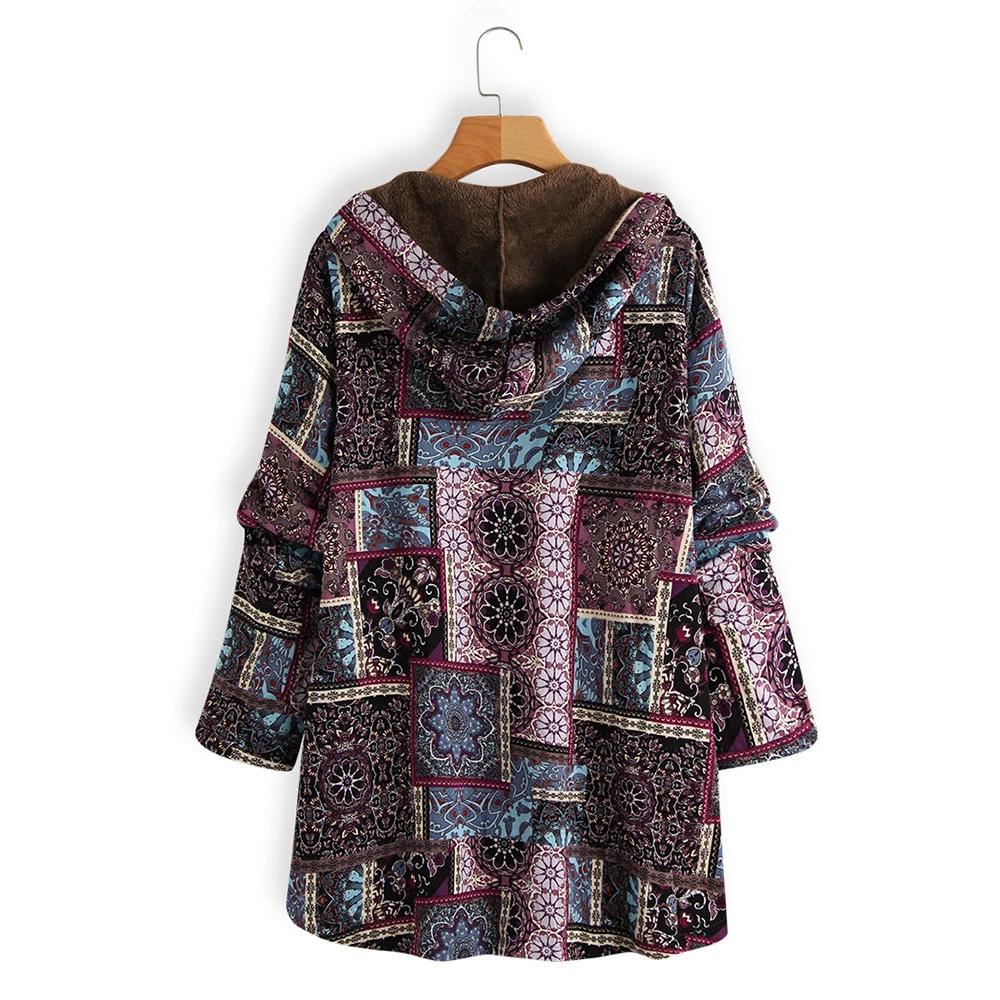 

Folk Print Women Jacket Plus Size Hooded Loose Coat Women 2019 Autumn Winter Fleece Jacket Ladies Vintage Female Overcoat Mujer
