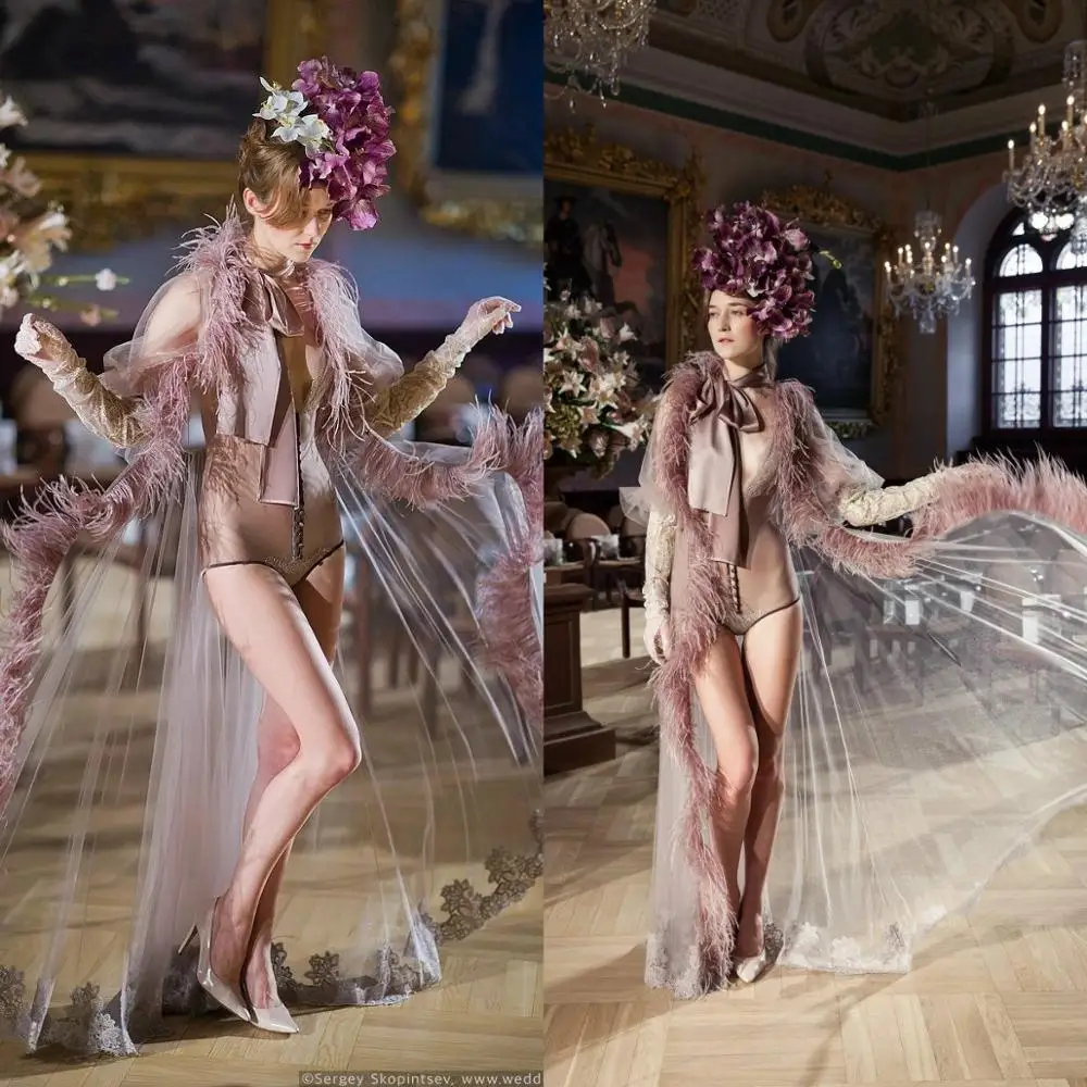 Женский пикантный банный халат Boudoir с поясом пижама перьями прозрачная ночная
