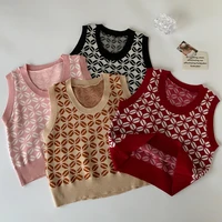 preppy style vest plaid v neck knitted women tank tops autumn 2021 female sleeveless woman clothes crop top mujer sweater vests