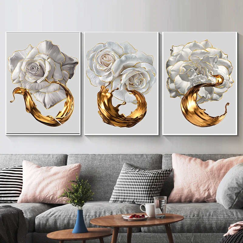 

Abstract Gold Ink Splash Posters and Print Modern White Rose Gold Edge Flower Canvas Painting Wall Art Picture for Living Room