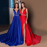 yipeisha v neck side slit prom dresses simple v neck sleeveless evening dress long satin beaded royal blue party gown backless