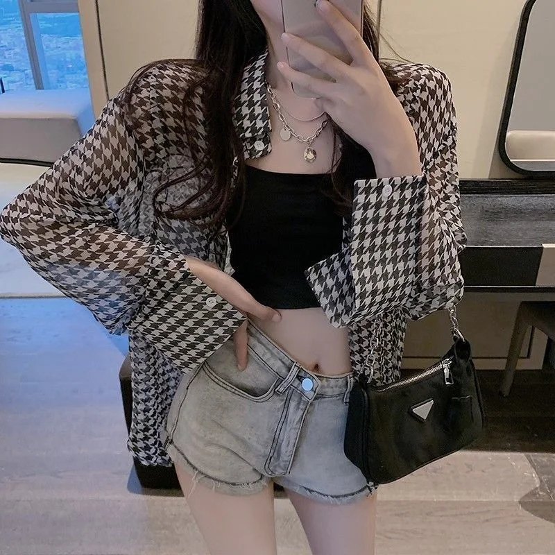

Plaid Shirt Vintage Chiffon Transparent Blouse Oversize Long Sleeve Button Up Cardigan Chic Korean Fashion Summer Top