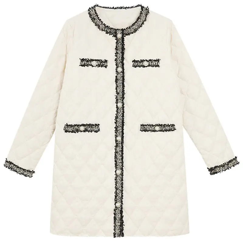 

Woman Winter Padded Coat O Neck Warm Pearl Button Tassel Splicing Coat Ultra Light Long Outwear Female Solid Slim Wadded Jackets
