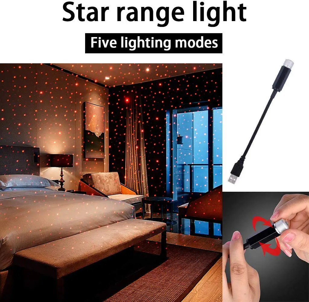 

Car USB Atmosphere Ambient Star Projector Night Light Car Interior LED Decorative Lights Adjustable Romantic Car Roof Light Blue