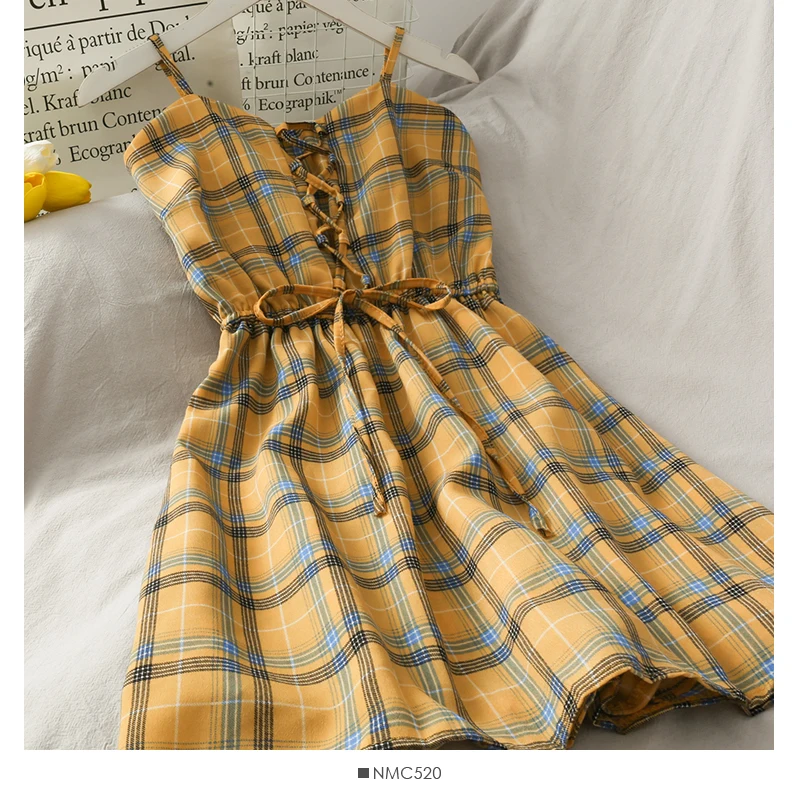 Женское клетчатое мини-платье на бретельках короткое платье в стиле ретро с