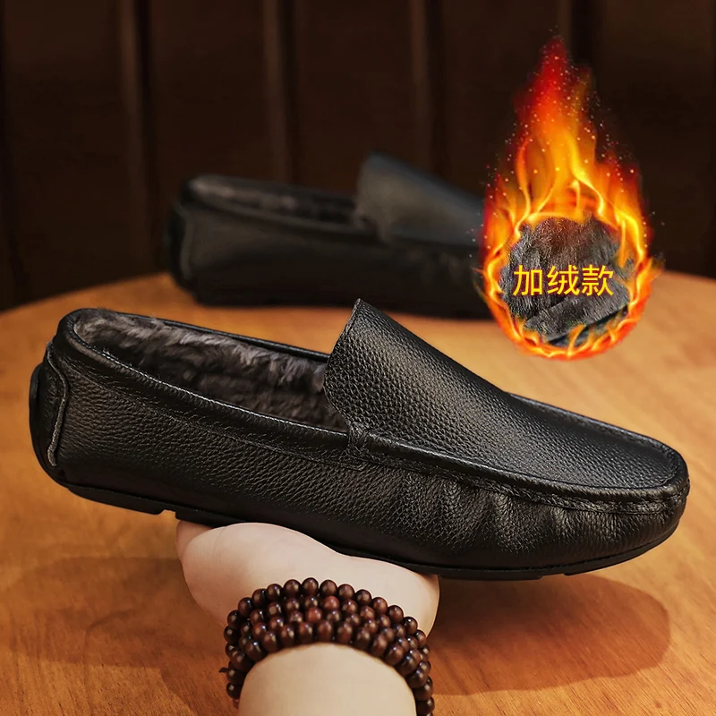 

Winter Genuine Leather Men Loafers Italian Luxury Designer Men Casual Shoes Slip-on Flats Man Fur Moccasins Mens Driving Shoes