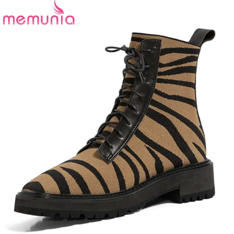 

MEMUNIA 2020 top quality low heel shoes ladies boots round toe lace up autumn winter knitting comfortable ankle boots women