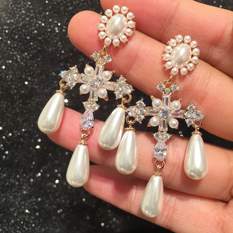 

Bilincolor Fashion White Pearl Baroque Cross Long Tassel Earring for Women