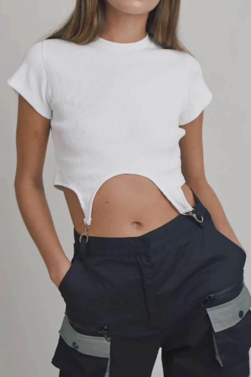 

European and American style open navel short sleeve T-shirt women's summer new street metal tooling design personalized top