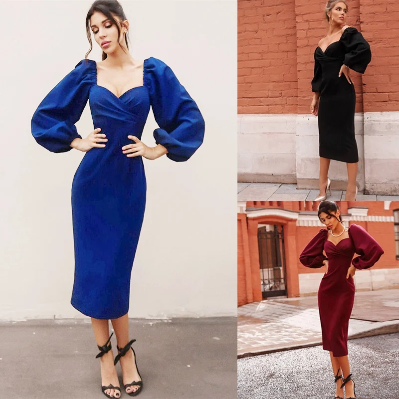 

Kili Women Puff Sleeve Dress V Neck Bodycon Long Sleeve Dress Ladies Sexy Dress Party Dress