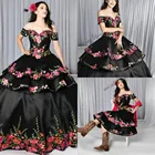 Винтажные черные платья Quinceanera Charro Съемная юбка Цветочный вышитый мяч платье мексиканское милое 16 платье 2021 платье для выпускного вечера