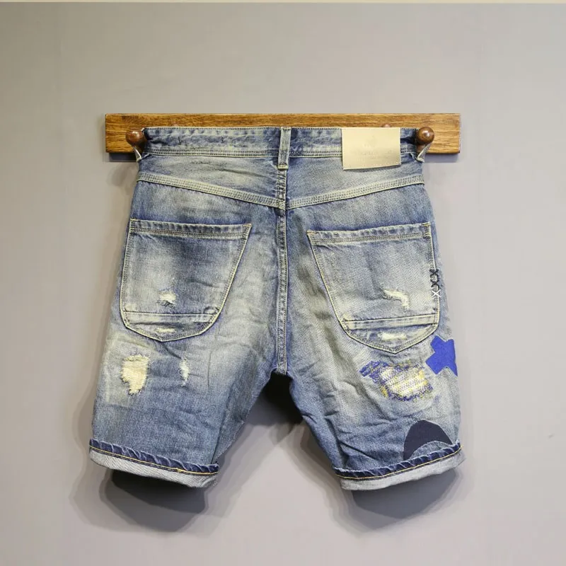 Summer Mens New Fashion Hole Ripped Short Jeans Knee Length Embroidery Slim Fit Bermuda Denim Shorts Streetwear Cowboy Trousers