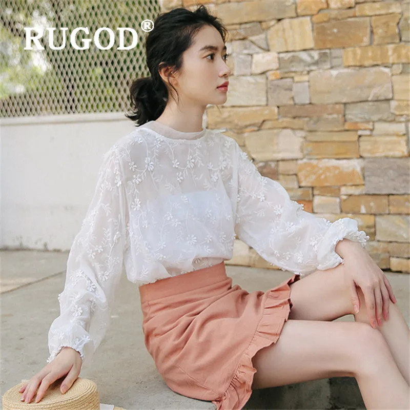 RUGOD New Fashion Korean Chic White Blouse Shirt Lace O-neck Puff Sleeved Floral Embroidery Perspective Blusas Basic Tops | Женская