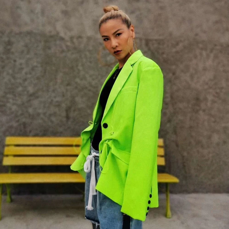 

[EAM] Women Fluorescent Green Drawstring Blazer New Lapel Long Sleeve Loose Fit Jacket Fashion Tide Spring Autumn 2021 1T626