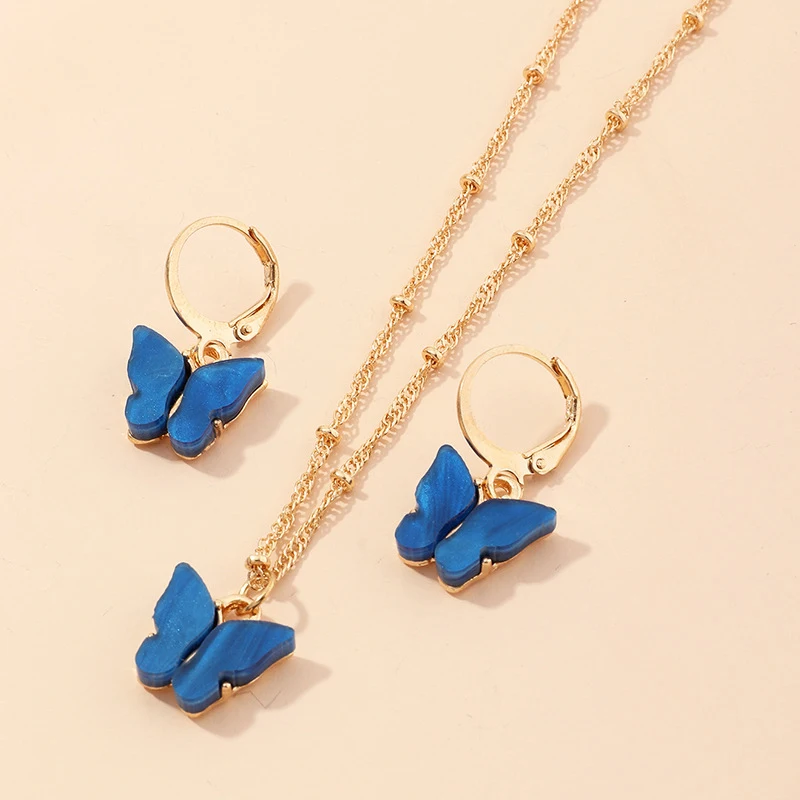

2020 butterfly 6 colors Smooth Metal Earrings Necklaces Sets for Women Geometric Statement Punk Choker Female Jewelry Set