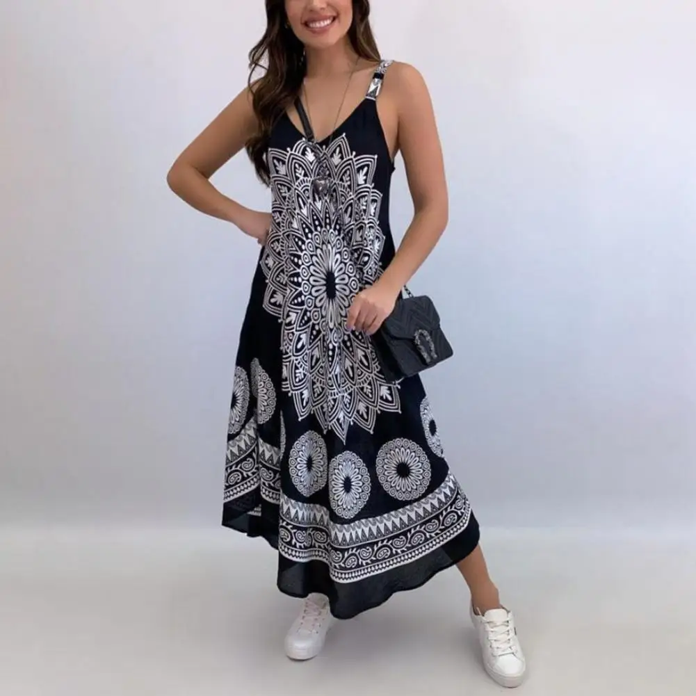 

2021 Women's New Fashion Loose Casual Ladies Totem Print V-Neck Sling One-Piece Dress Beach Sleeveless Dress
