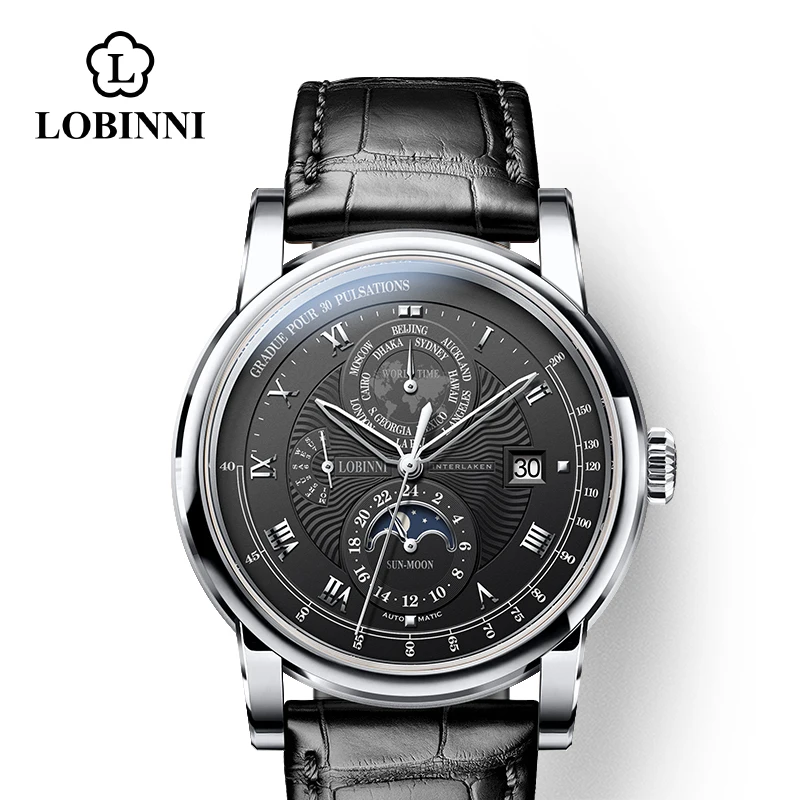 sliver-black-black-s Швейцария LOBINNI мужской роскошный бренд часов Moon Phase автоматические механические мужские наручные часы Сапфировая кожа Чайка движение для мужчин t - Цвет: sliver-black-black-s