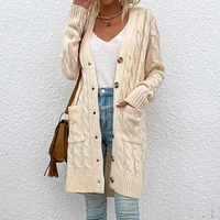 womens sweater casual long sleeve button down open front cable knit cardigan coat with pockets for female winter clothes 2021