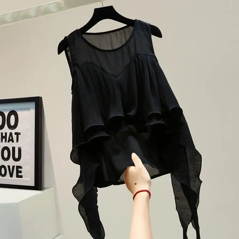 Женская блузка без рукавов белая плиссированная Асимметричная шифоновая