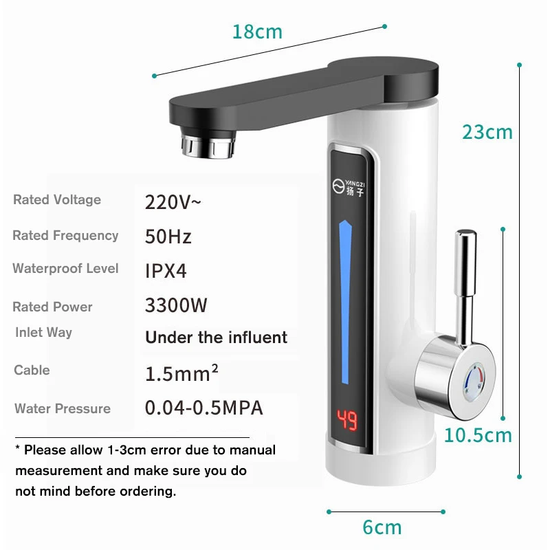 

3300W Electric Kitchen Water Heater Tap 360 Rotatable Instant Hot Tap Cold Heating Faucet Tankless Instantaneous Water Heater