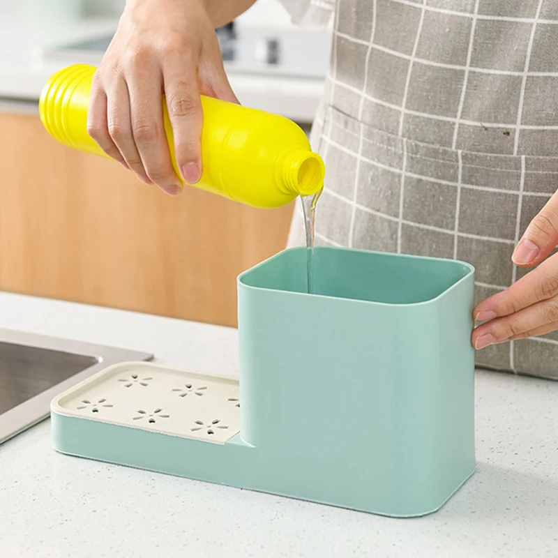 

3 in 1 Soap Pumps Dispenser Container Sponge Holder Dishcloth Towel Rag Hanger Drain Organizer Kitchen FPing