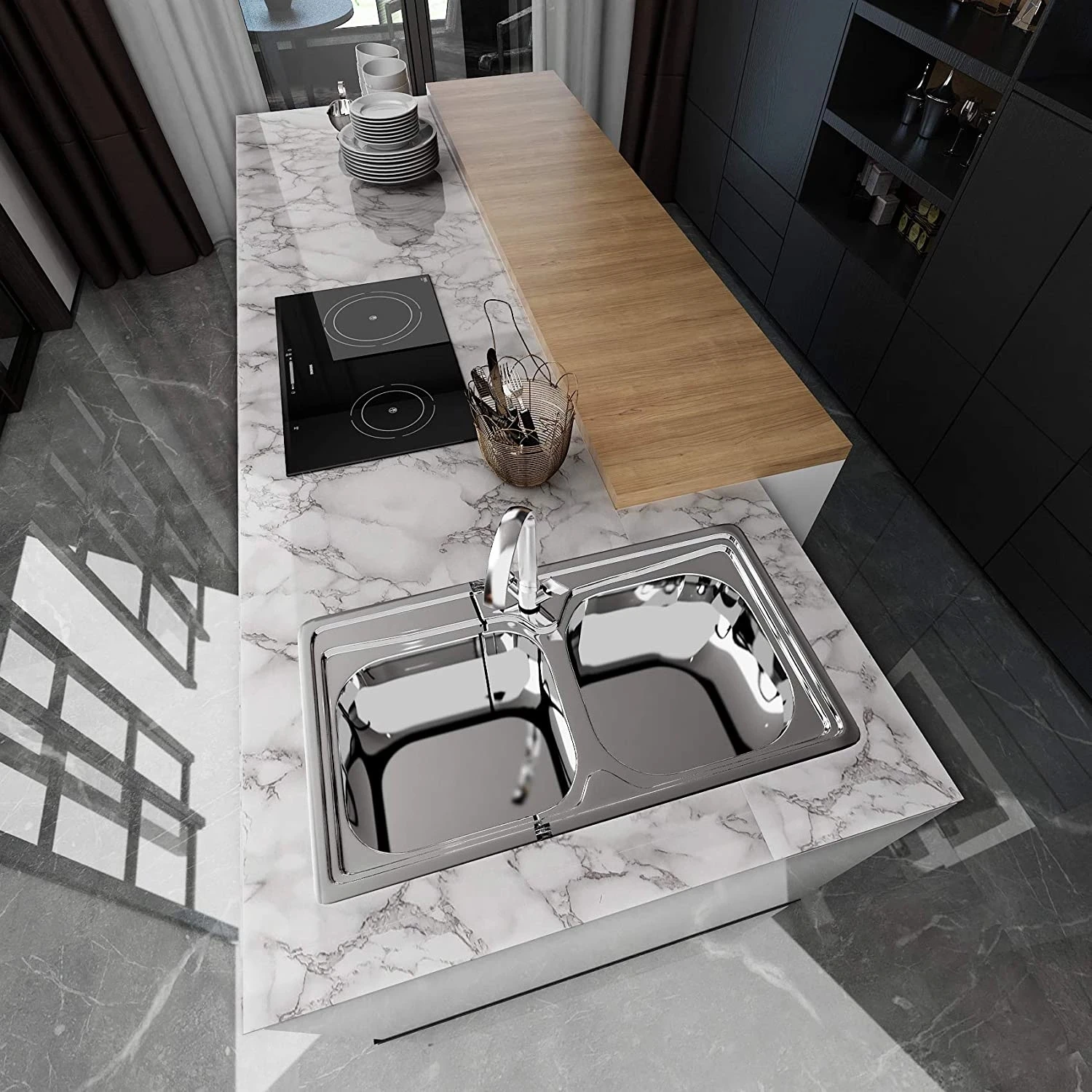 Kitchen Waterproof Oil-proof Stickers Self-Adhesive Marble Pattern Cabinets Countertop Wallpaper Bathroom Floor Renovation Film