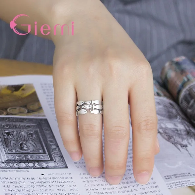 

S925 Sterling Silver New Cute Fish Handmade Opening Ddjustable Ring For Women Men Lovers Birthday Anniversary Gift Wholesale