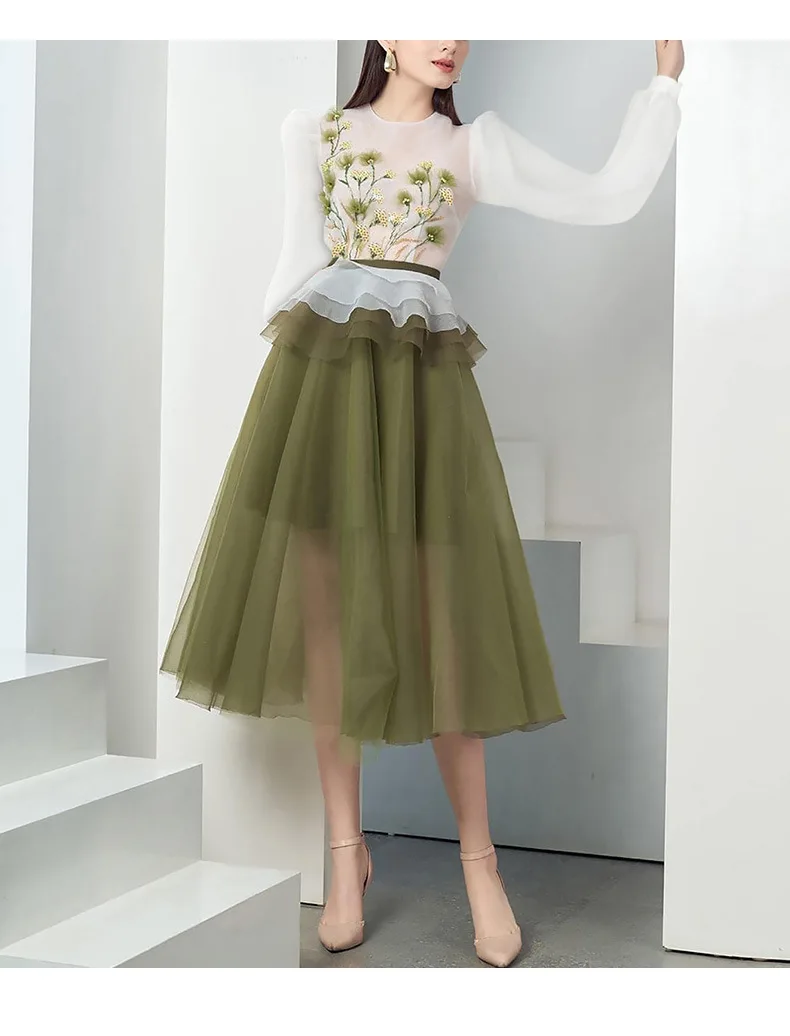 

Fashion Organza Dress 2021 Autumn Women Dresses Ladies Embroidery Floral O-Neck Contrast Color Patchwork Elegant Long Sleeve New