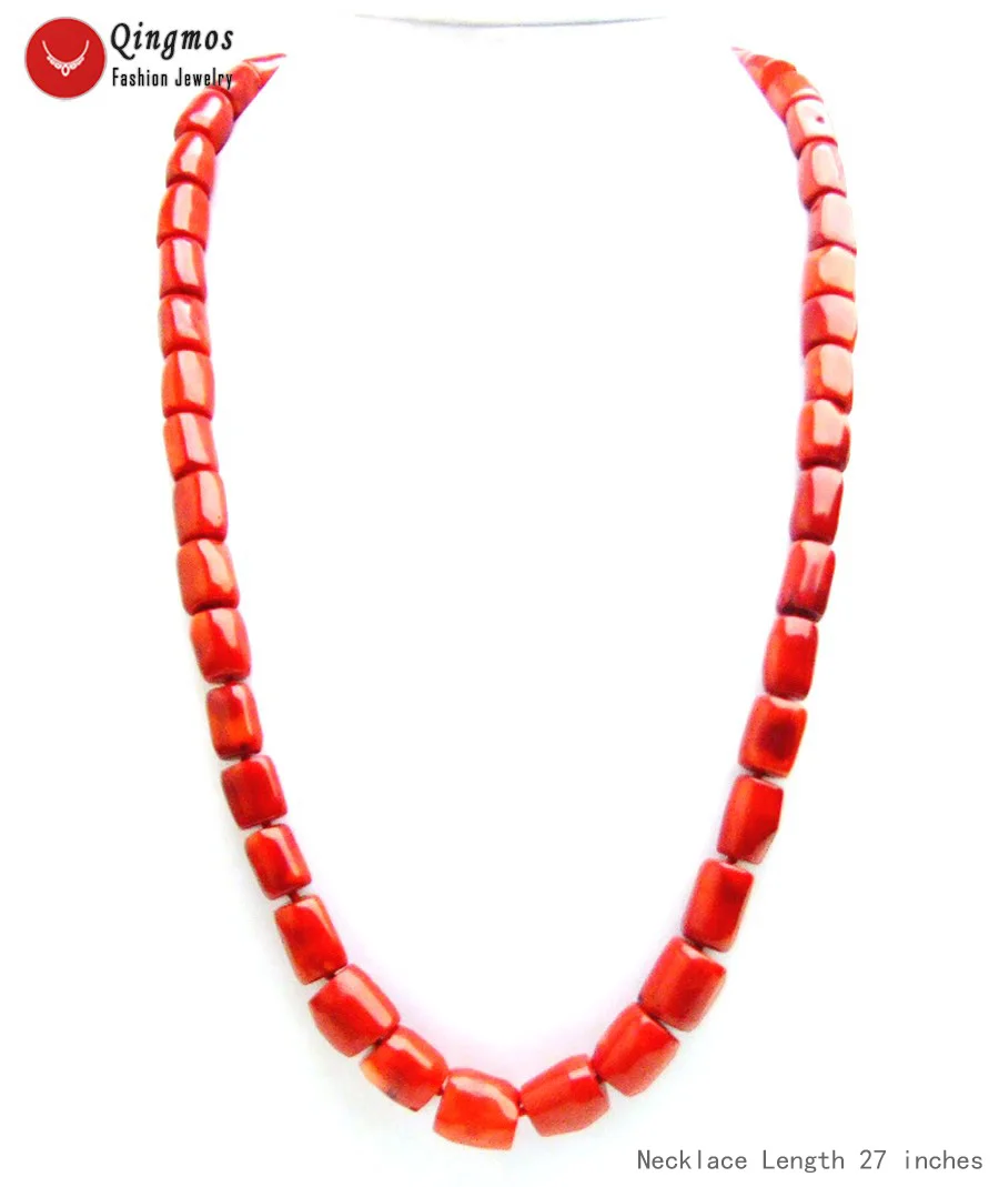 

Qingmos Natural Column Knurl 13-14mm Red Coral Necklace for Women with Genuine Red Coral Long Necklaces 27" Fine Jewelry nec6586