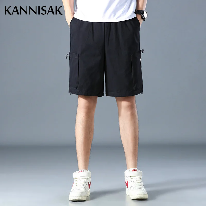 

KANNISAK New Summer Men Shorts 2021 Loose Beach Knee Length Elastic Waist Solid Casual Cotton Male Shorts Pockets Cargo Shorts