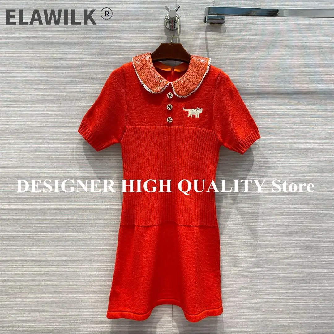 

Женское трикотажное платье из 2021-ной шерсти, красное платье с коротким рукавом, воротником «Питер Пэн» и вышивкой на пуговицах, 100%