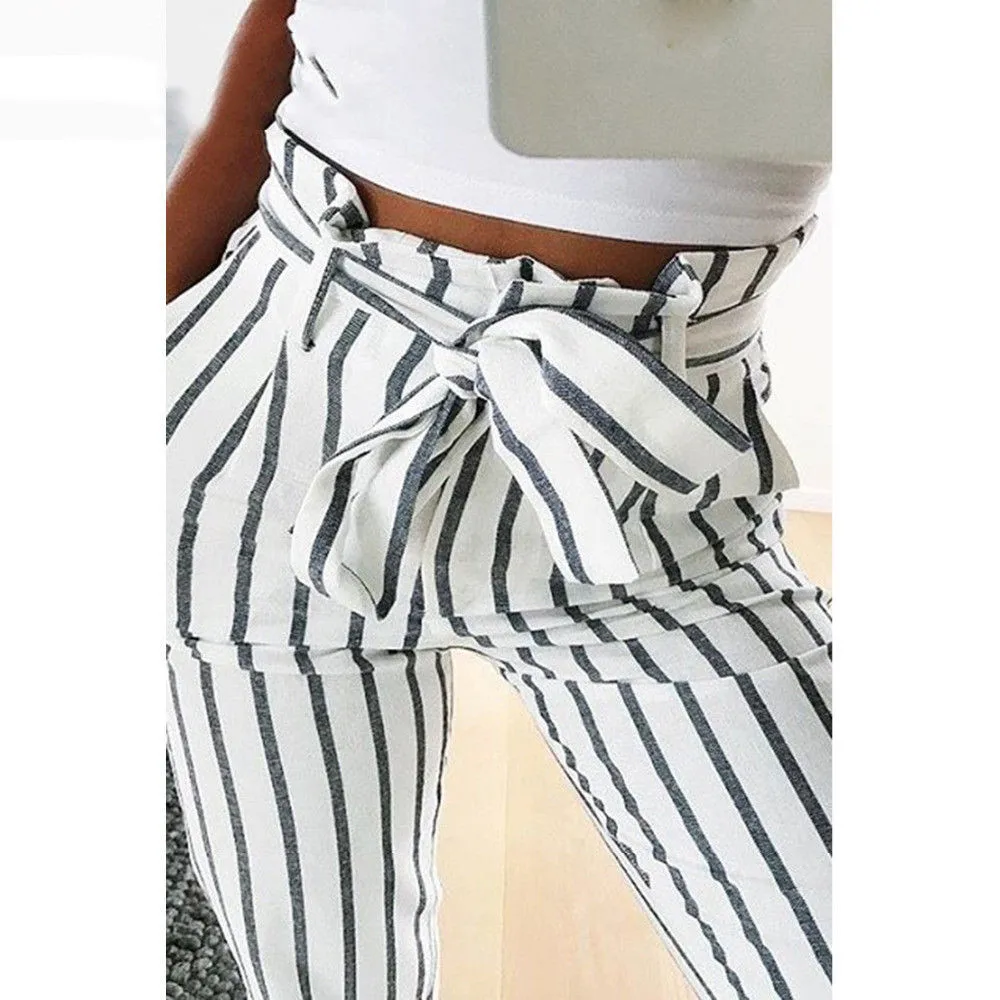 

Women High Waist Pants Skinny Striped Long Jeans Tie Ladies Ankle-Length Pants Cotton Casual Trouser With 1PC Belt 2020 Fashion