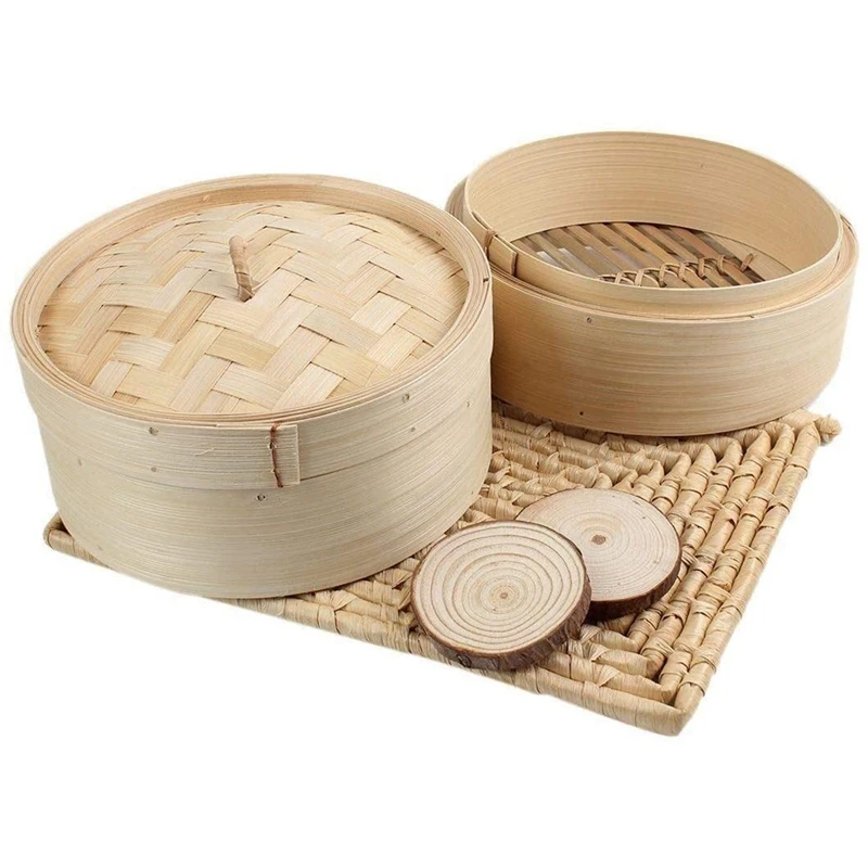 Bamboo Steamer 2 Tier 8 Inch Dim Sum Basket Rice Pasta Cooker Set with Lid By Steam for Vegetables | Дом и сад