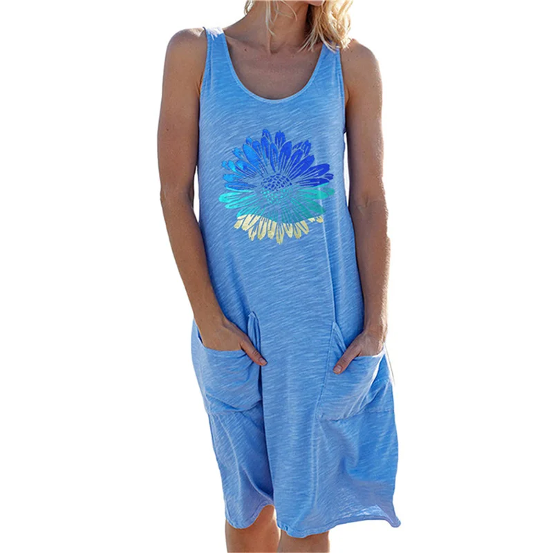 

Women Plus Size Summer Dress 2021 New Printed Sleeveless Round Neck Casual Vest Loose Pink Blue Mid-length Dress Feminina GH186