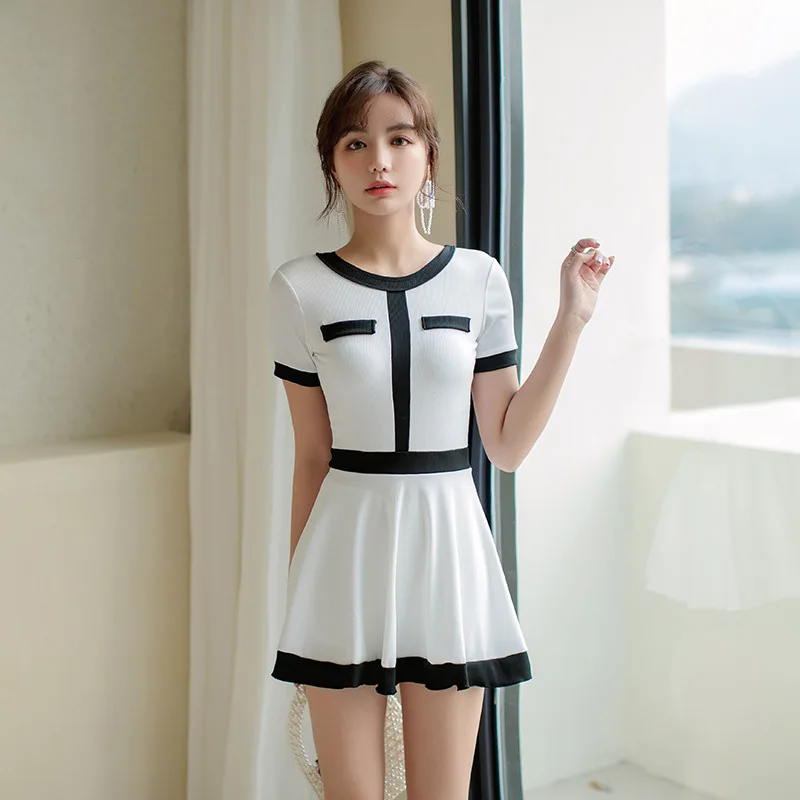 

Женский купальник 2021 корейский черный белый пэчворк цельный купальник с юбкой тонкий консервативный купальный костюм