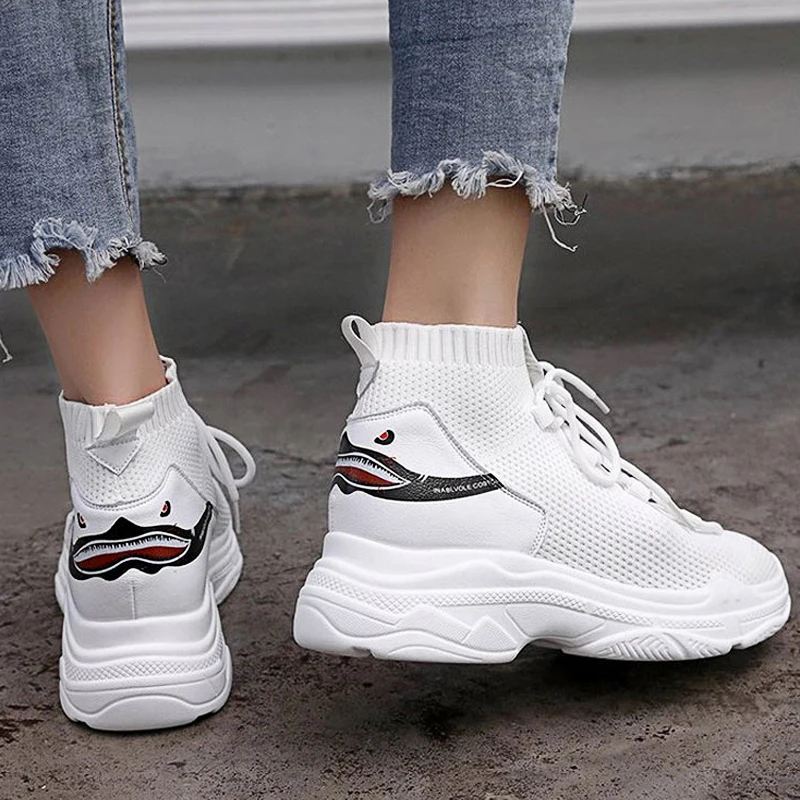 Женские кроссовки с рисунком акулы трикотажные дышащие носки модная обувь на