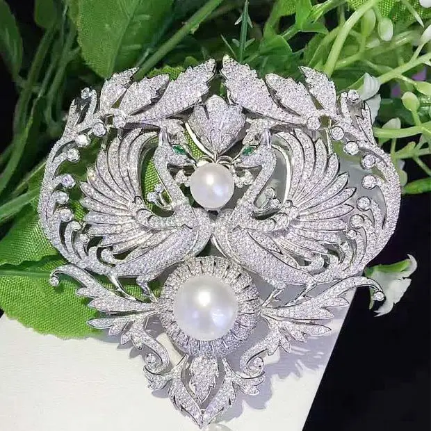 Имитация родиевого покрытия Двойное использование микроскоп Циркон Diy материалы двойной феникс кисточкой Кулон застежка длинный свитер цепь брошь с застежкой - Окраска металла: Имитация родиевого покрытия