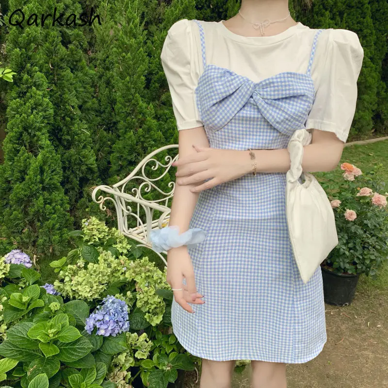 

Women Sets Summer Plaid Mini Dress Korean Style Slim Sweet Cute Ladies Design Holiday Soft Fashion Popular 2 Pcs Ins Retro Newly