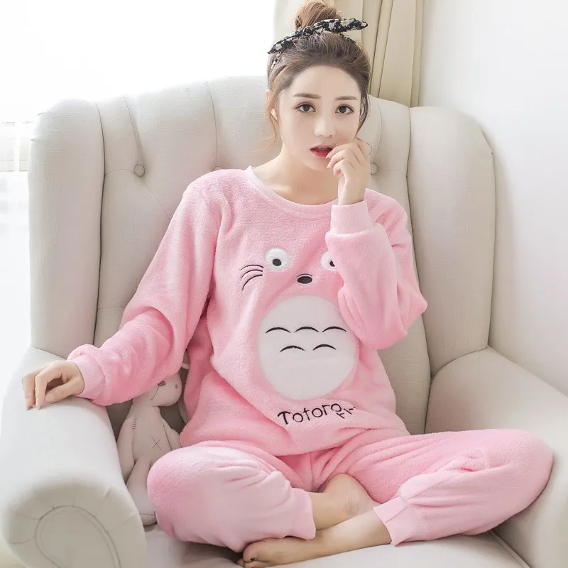 

Long Sleeve Autumn Winter Pajamas 2021 Woman Pijama Mujer Two Piece Set Cartoon Printing Warm Coral Flannel Home Suit Sleepwear