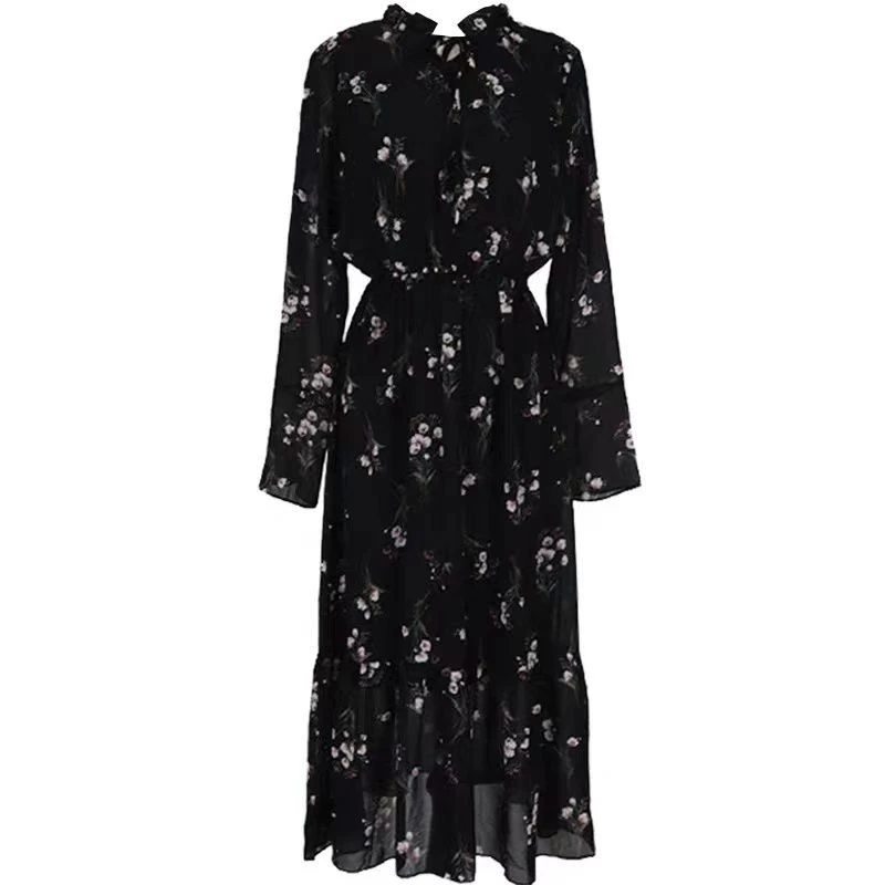 

Spring Autumn Women's Long Dress 2021 New Vintage Female Floral Dresses Black Slim Long Sleeve Trendy Lady Clothing