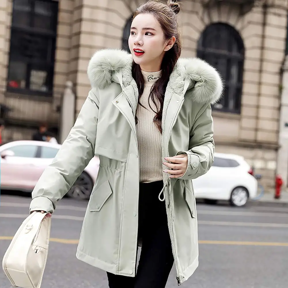PinkyIsBlack New Women Long Winter Jacket Cotton-Padded Thick Drawstring Parkas Fur Liner Warm Casual Hooded Winter Coat Female