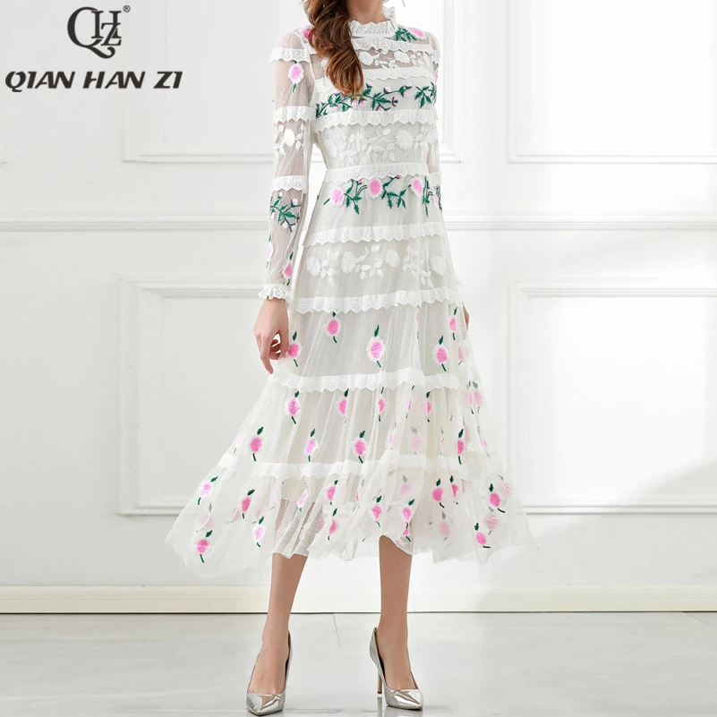 

Qian Han Zi New Summer Fashion Spring Summer Runway Maxi Dress Women's Long Sleeve elegant Lace Flower Embroidered Long Dress