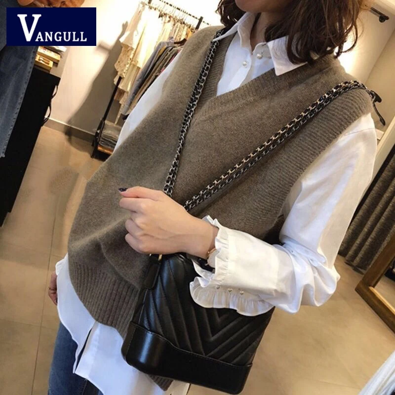 

Vangull Slit Women Sweater Vest 2020 Autumn Vintage V-Neck Sleeveless Pullover Core-spun Soft Knitted Casual Female Sweater Vest