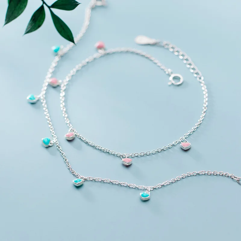 INALIS S925 silver bracelet female Japanese and Korean style simple pink green love sweet girl heart jewelry | Украшения и