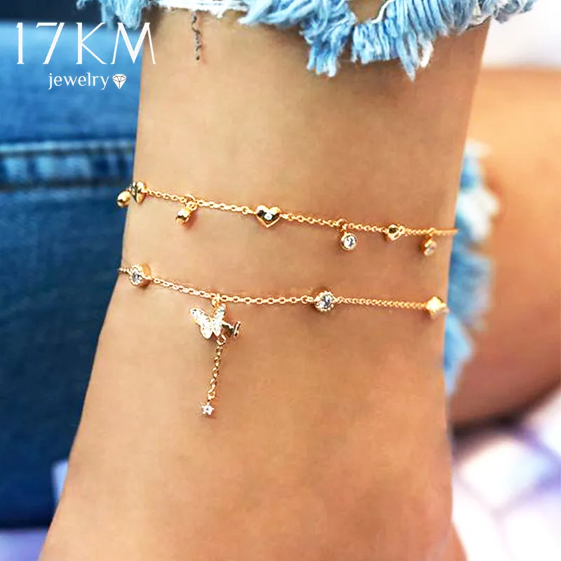 17KM богемные ножные браслеты с бабочками для женщин многослойный Хрустальный